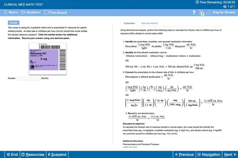 Image of a Clinical Med Math practice question in UWorld’s Learning Platform for Nursing.