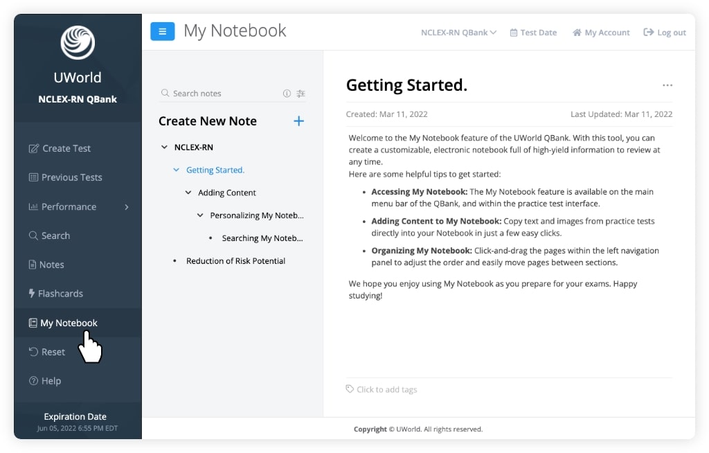 Screenshot of instructions for getting started with UWorld Nursing’s My Notebook feature