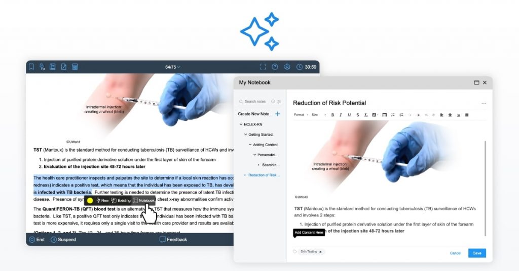 Screenshots of UWorld Nursing My Notebook feature