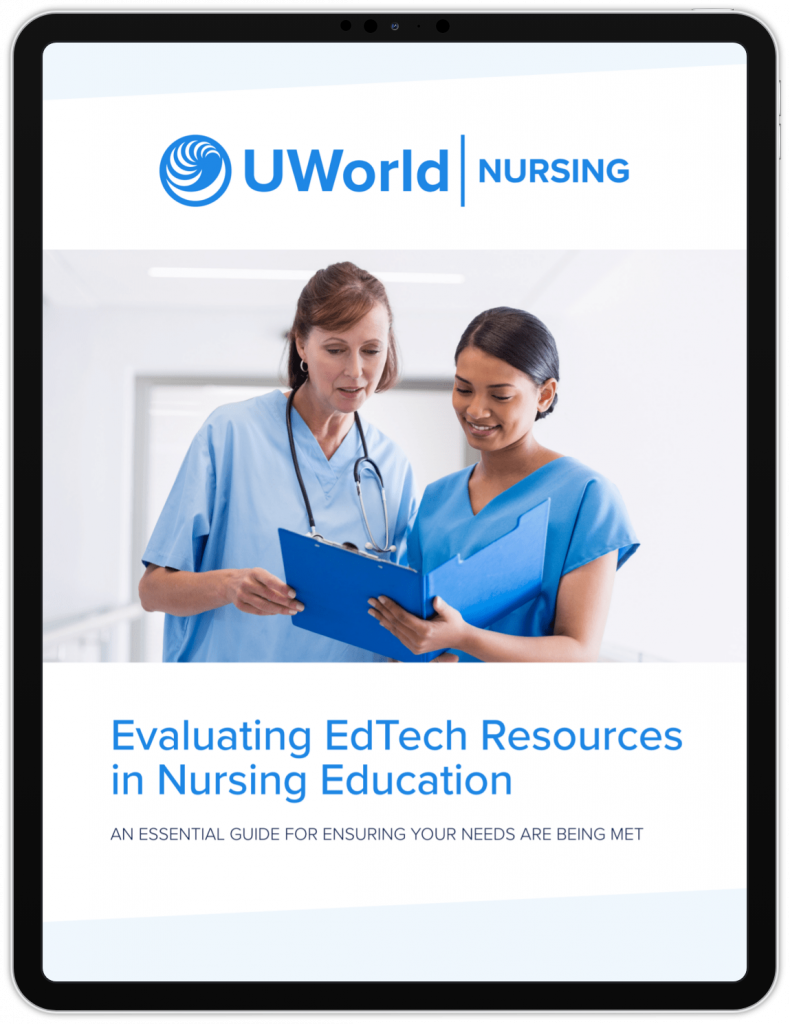 Image of the cover of Evaluating EdTech Resources in Nursing Education eBook on tablet.