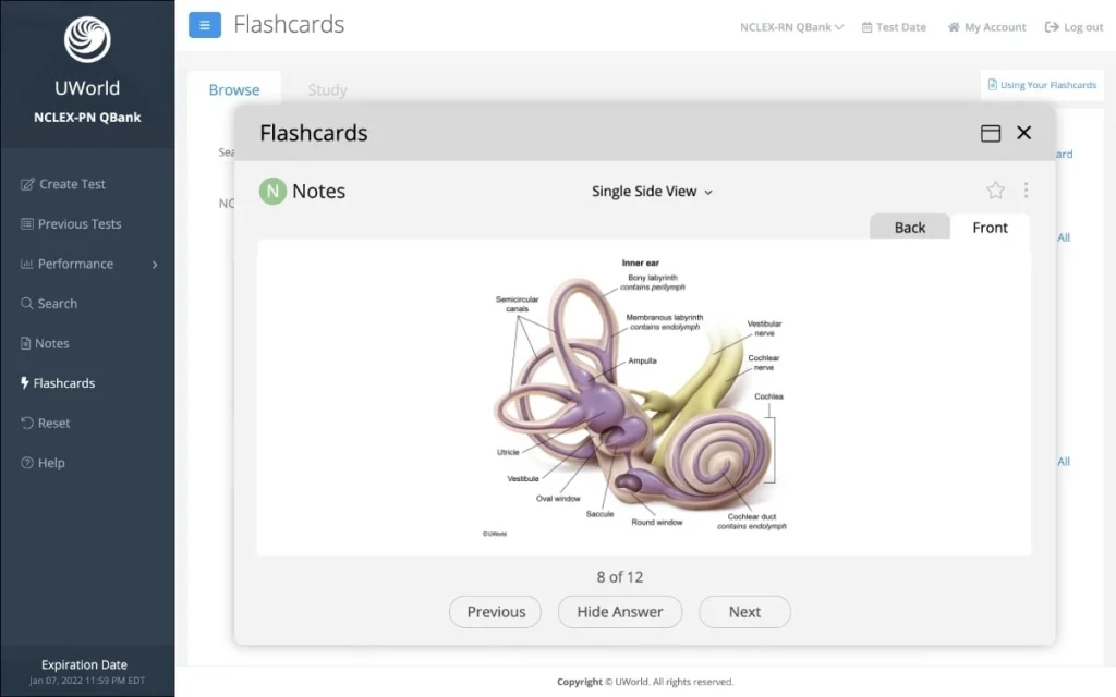 Image of the parts of the inner ear on a flashcard in UWorld’s NCLEX-PN QBank.