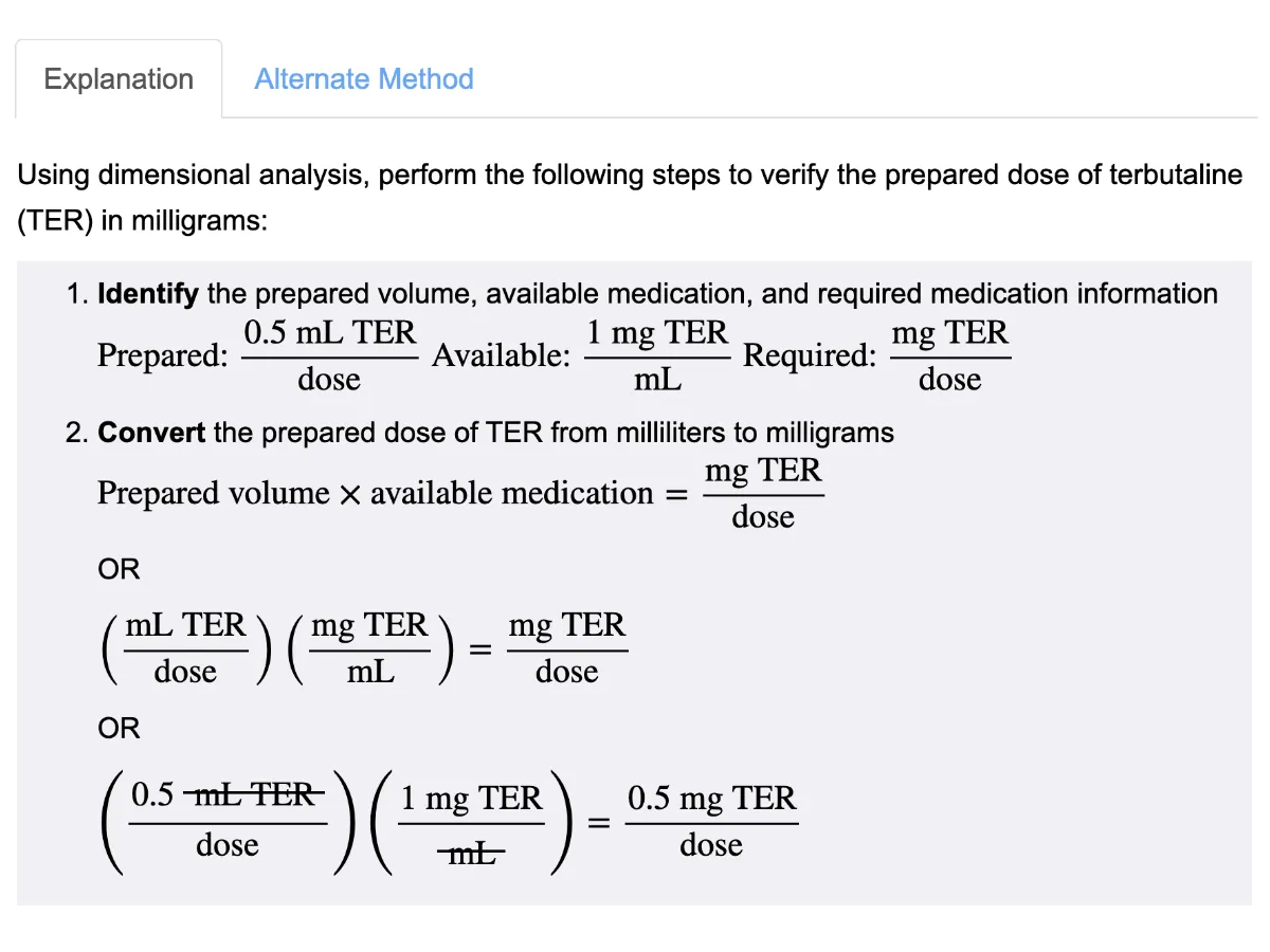 Screenshot of UWorld Med Math question and two calculation methods.