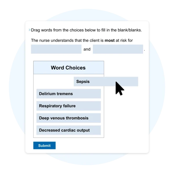 Image of Drag and Drop question for the Next Generation NCLEX from UWorld’s NCLEX QBank.