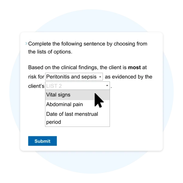 Image of drop-down question for the Next Generation NCLEX from NCLEX-RN QBank.