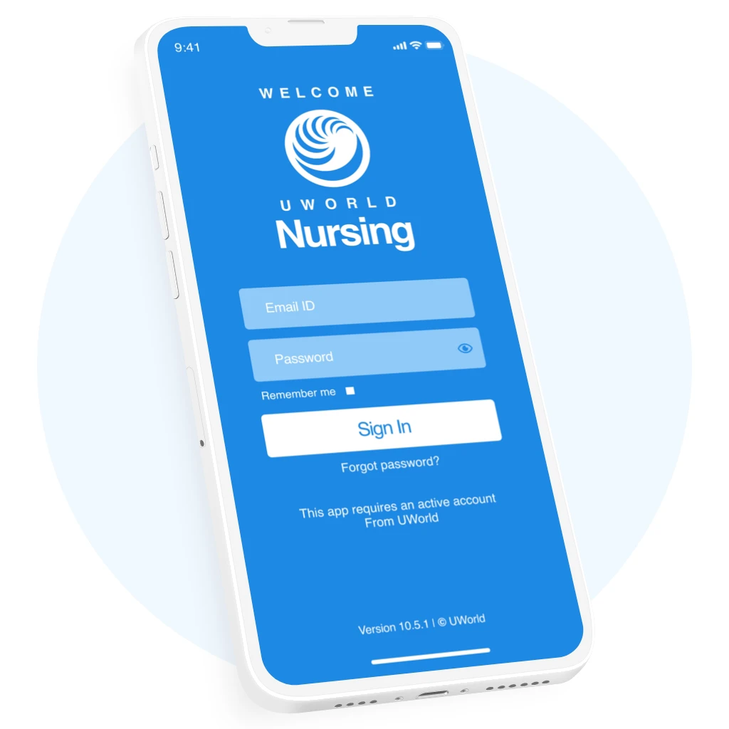 Nursing student holding mobile phone with UWorld Nursing app.