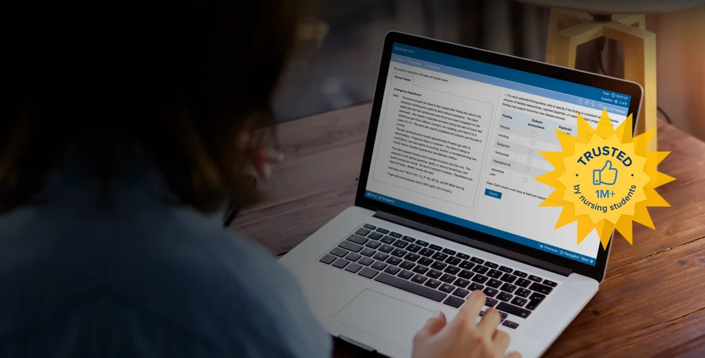 Nursing student taking a NCLEX-style practice test in the UWorld QBank.