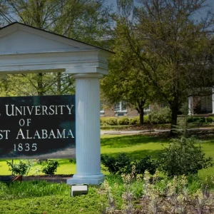 The University of West Alabama sign in front of its historic campus