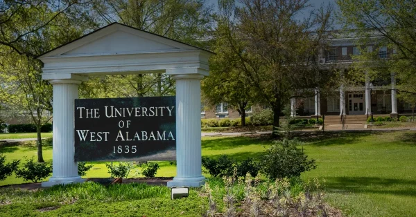 The University of West Alabama sign in front of its historic campus