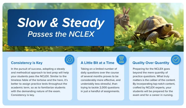 A tortoise moves ahead in a race against a hare. Slow and steady wins the NCLEX.
