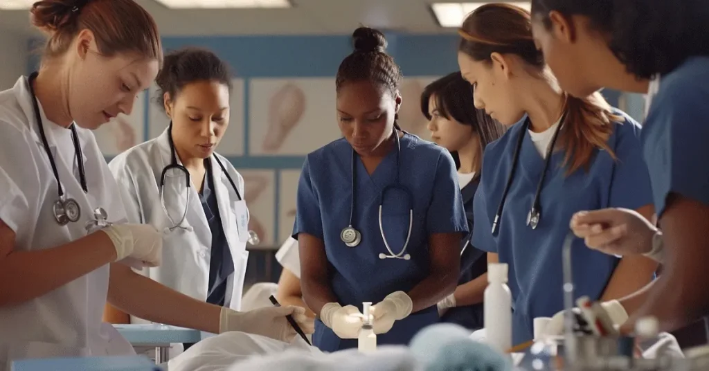 Nursing student surrounded by educators and practicing nurses.