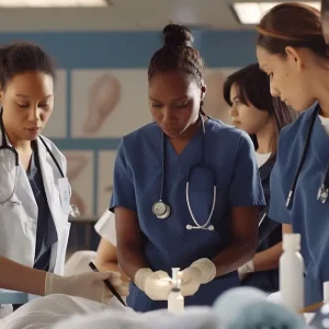 Nursing student surrounded by educators and practicing nurses.