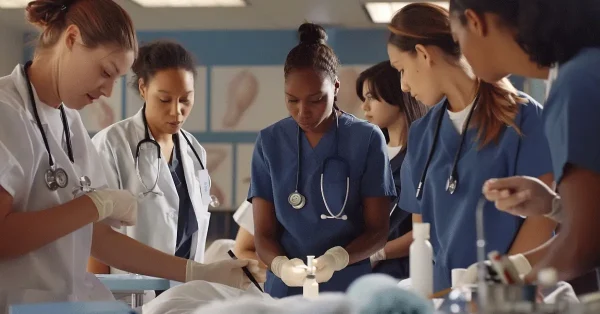 Nursing student surrounded by educators and practicing nurses.