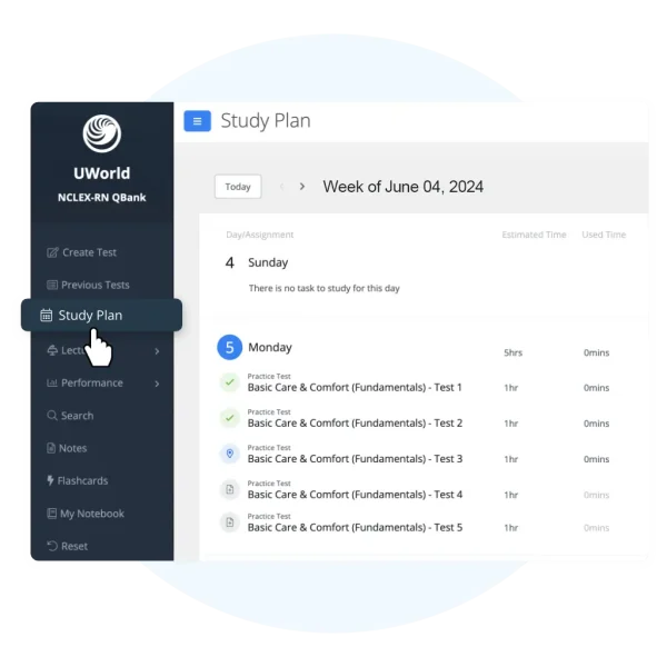 Calendar View of UWorld’s Dynamic NCLEX Study Planner