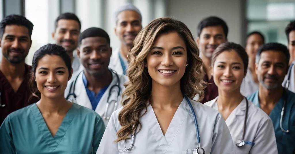 Multiracial, multiethnic medical team of doctors and nurses in the hospital.