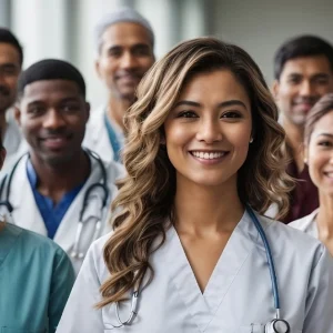 Multiracial, multiethnic medical team of doctors and nurses in the hospital.