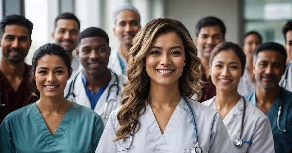 Multiracial, multiethnic medical team of doctors and nurses in the hospital.