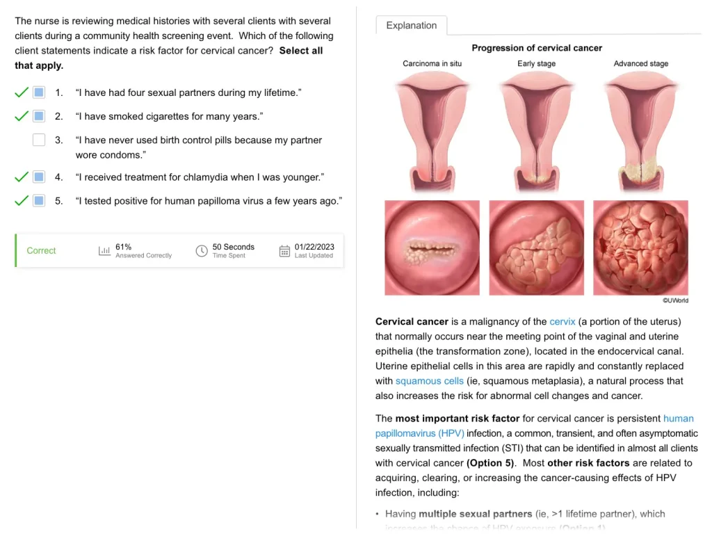 UWorld NCLEX-RN practice question explanations for visual learners. Cervical example