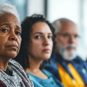 Diverse group of patients in waiting room at medical appointment.