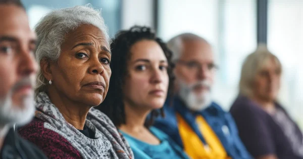 Diverse group of patients in waiting room at medical appointment.