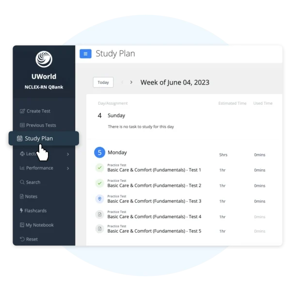  Screenshot of UWorld NCLEX-RN study planner for personalized schedule