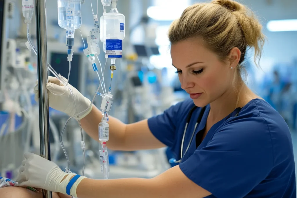 A nurse administering medication to a patient, using an IV drip in a hospital setting