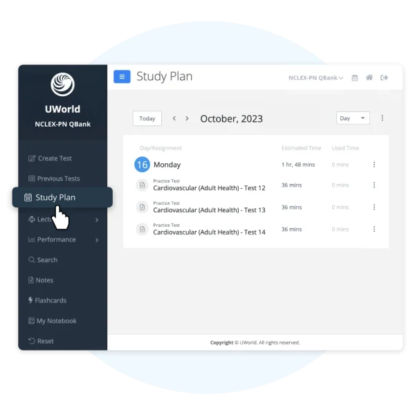 Screenshot of UWorld NCLEX-PN study planner for personalized schedule