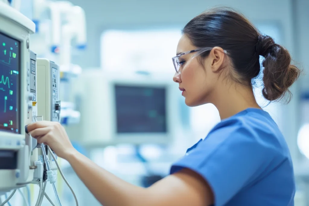 Nurse adjusting an EKG machine in a clinical setting