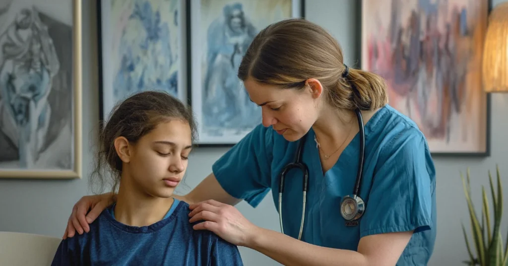 Image of nurse educator talking to anxious student