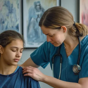 Image of nurse educator talking to anxious student