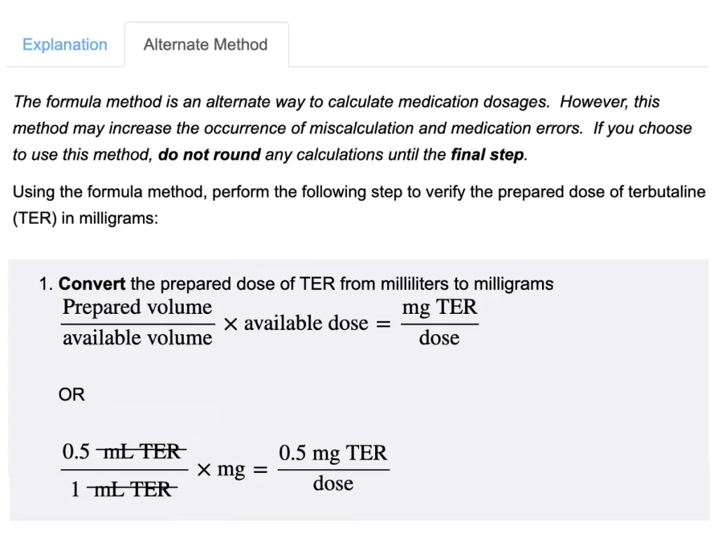 Screenshot of UWorld Med Math question and two calculation methods.