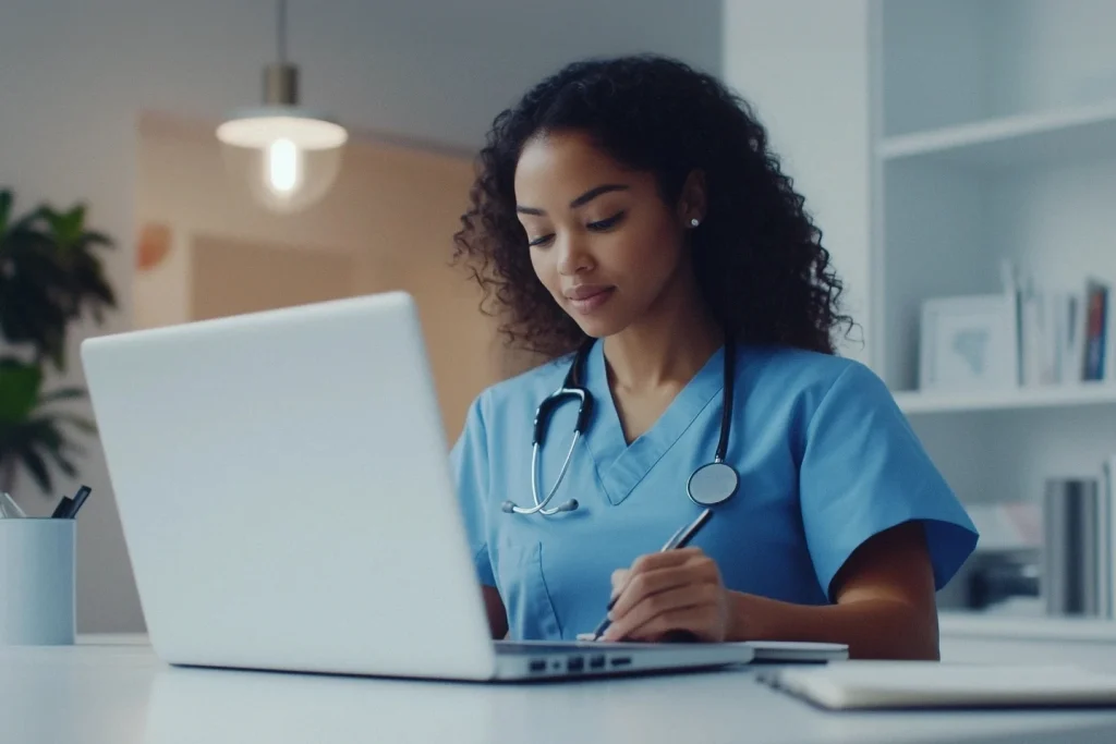 nurse looking at the laptop